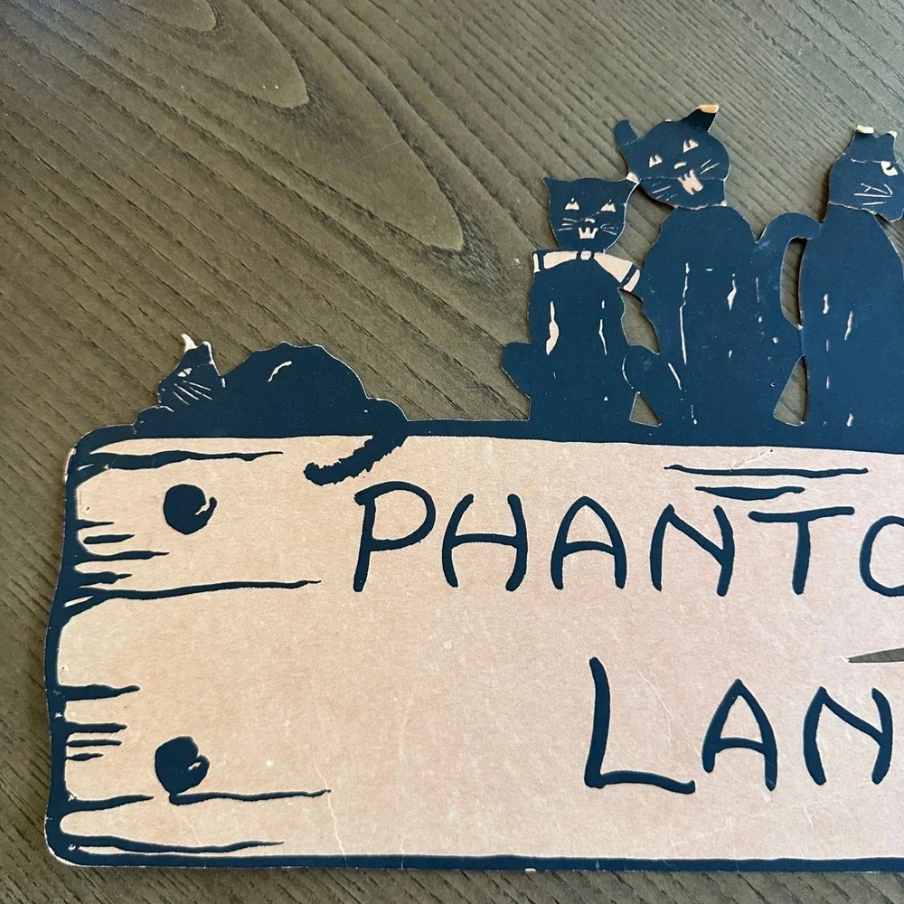 Vintage Halloween Beistle(?) Phantom Lane Black Cats Sign Decoration 14in *READ*